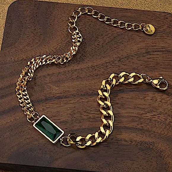 Gold 18K GP Emerald Green Chain Link Bracelet - Picture 3 of 11